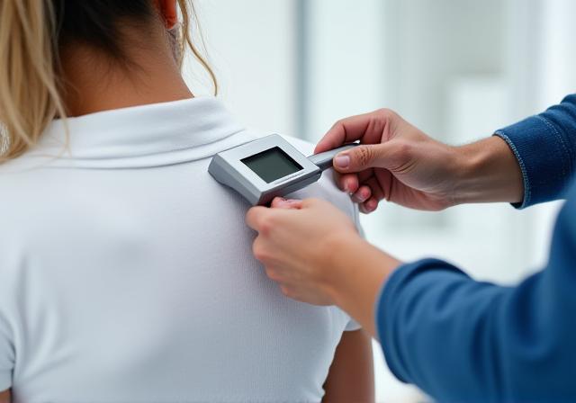 Consultant measuring ergonomic alignment